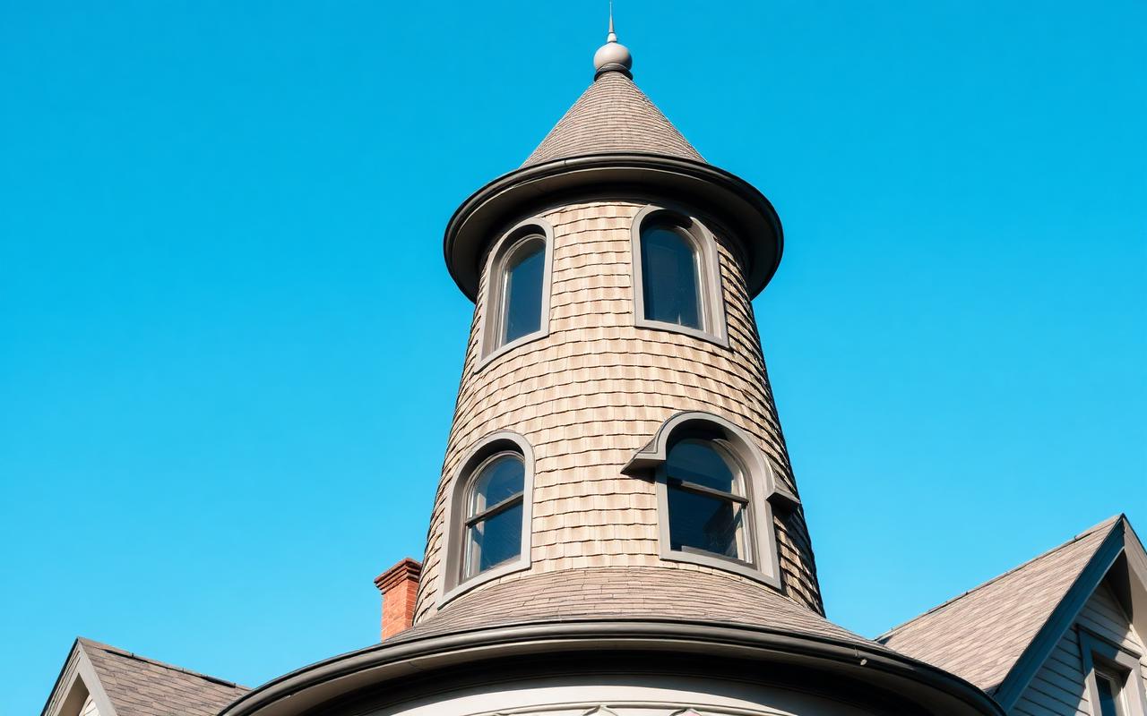 Tapered shingle courses wrapping a conical turret roof on a Victorian-style home, showing the specialty install pattern