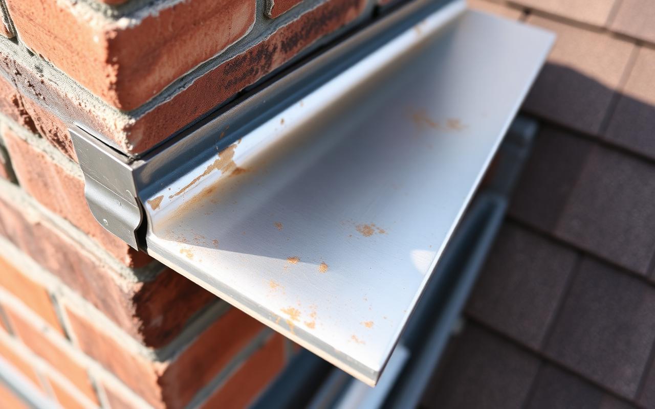 Close-up of aluminum step flashing and counter-flashing tucked against a brick chimney on a Brick Township roof