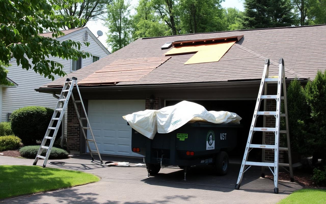 Driveway prepped with a dump trailer and tarps as a Brick Township home is set up for a full roof replacement