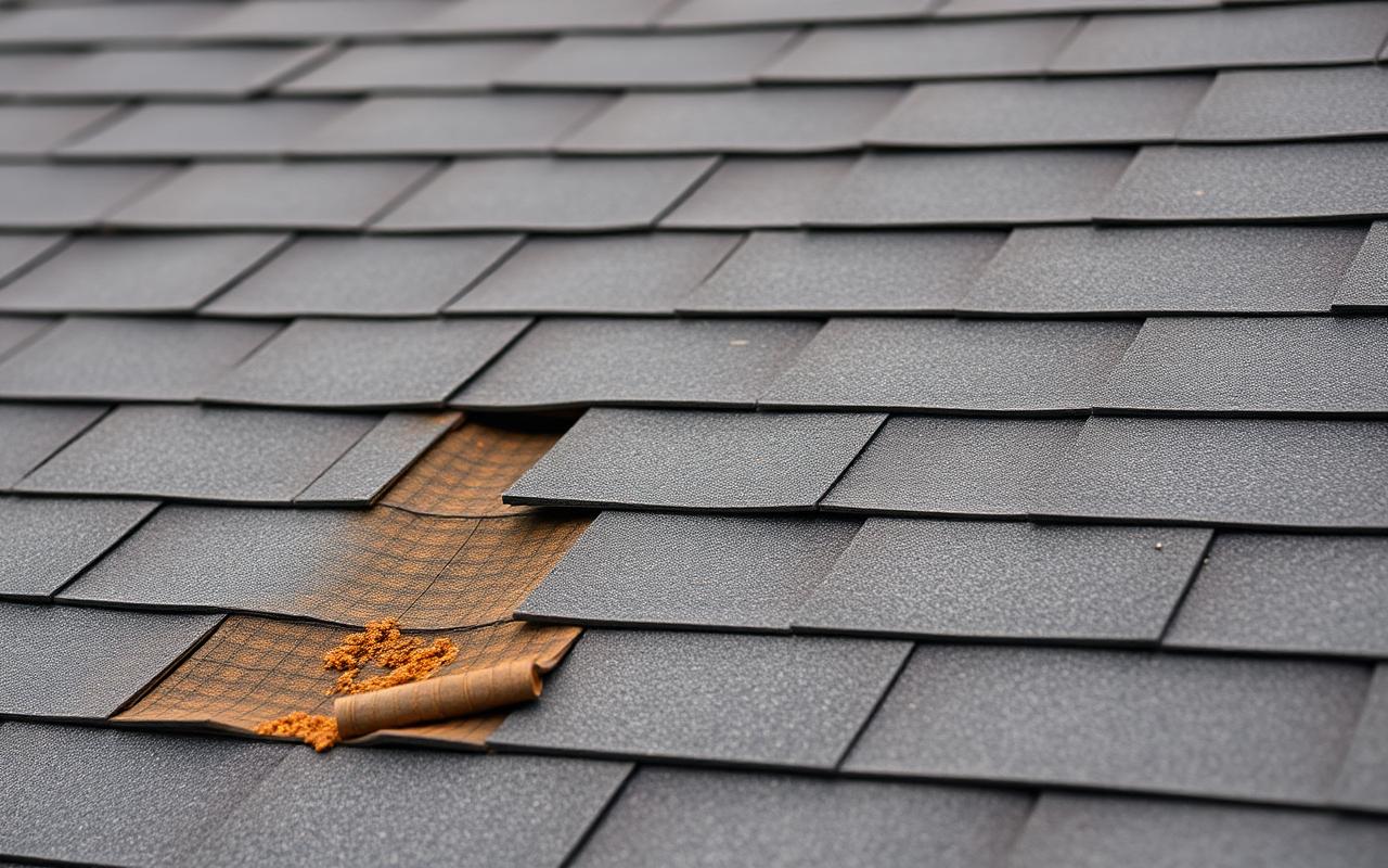 Roofer pointing at curling shingle edges and granule loss during an early-wear inspection on a Brick Township home