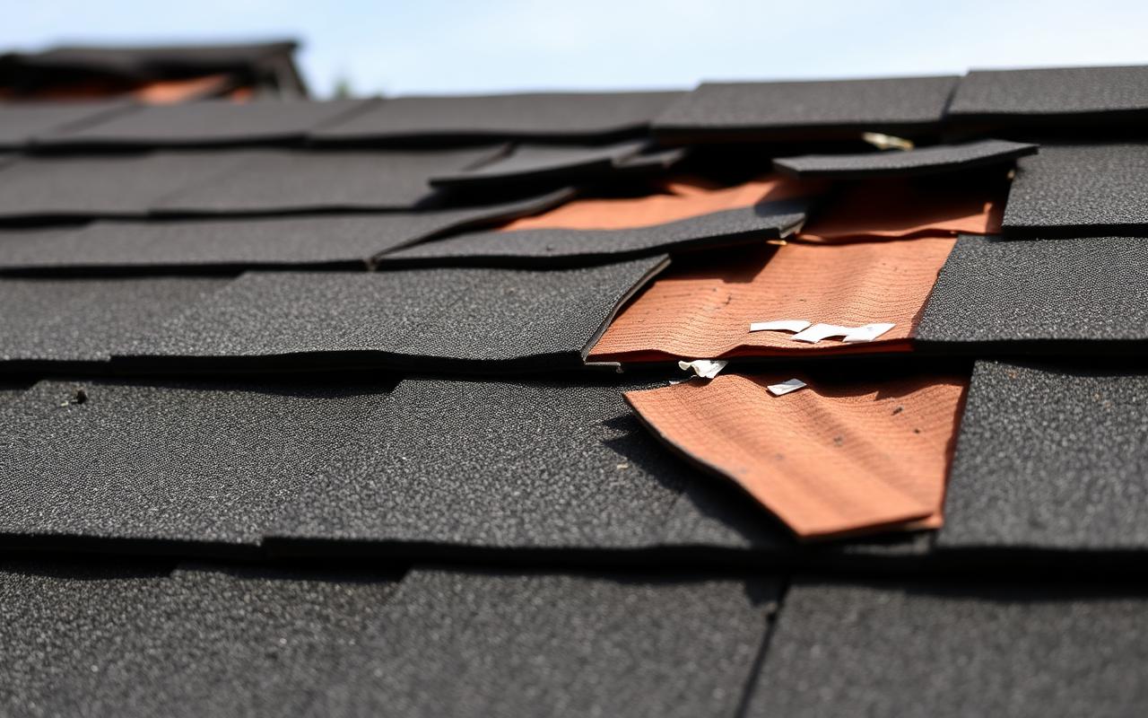 Wind-lifted shingle tabs with broken seal strips and hail bruising visible on a New Jersey shingle roof