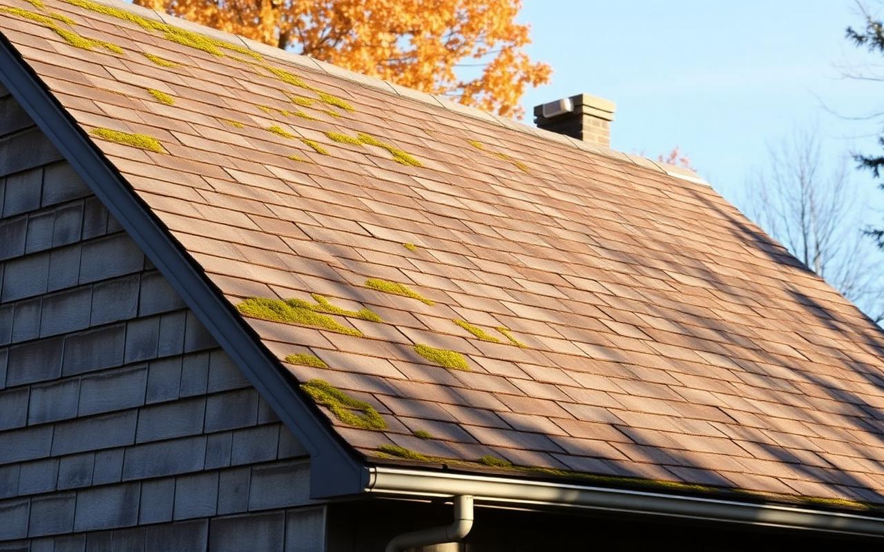 Aging asphalt shingle roof on a Brick Township home with visible granule loss and faded color near end of lifespan