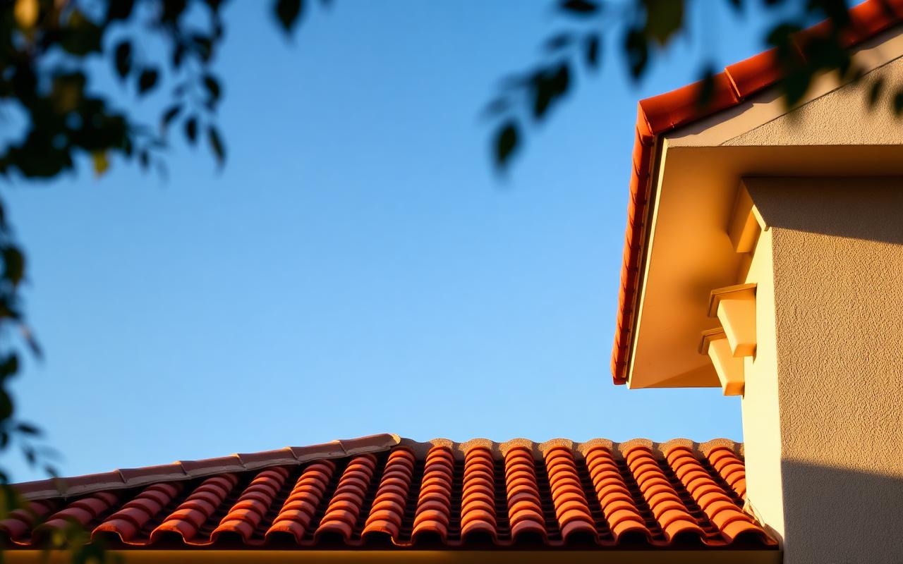 Close-up of overlapping clay barrel tiles on a long-lifespan residential tile roof