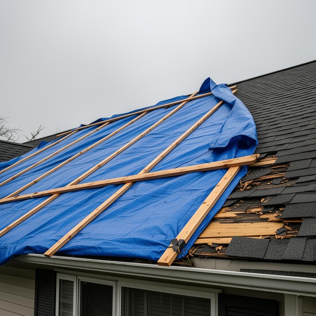 Blue emergency tarp secured with furring strips over storm-damaged shingles on a New Jersey home after a nor'easter