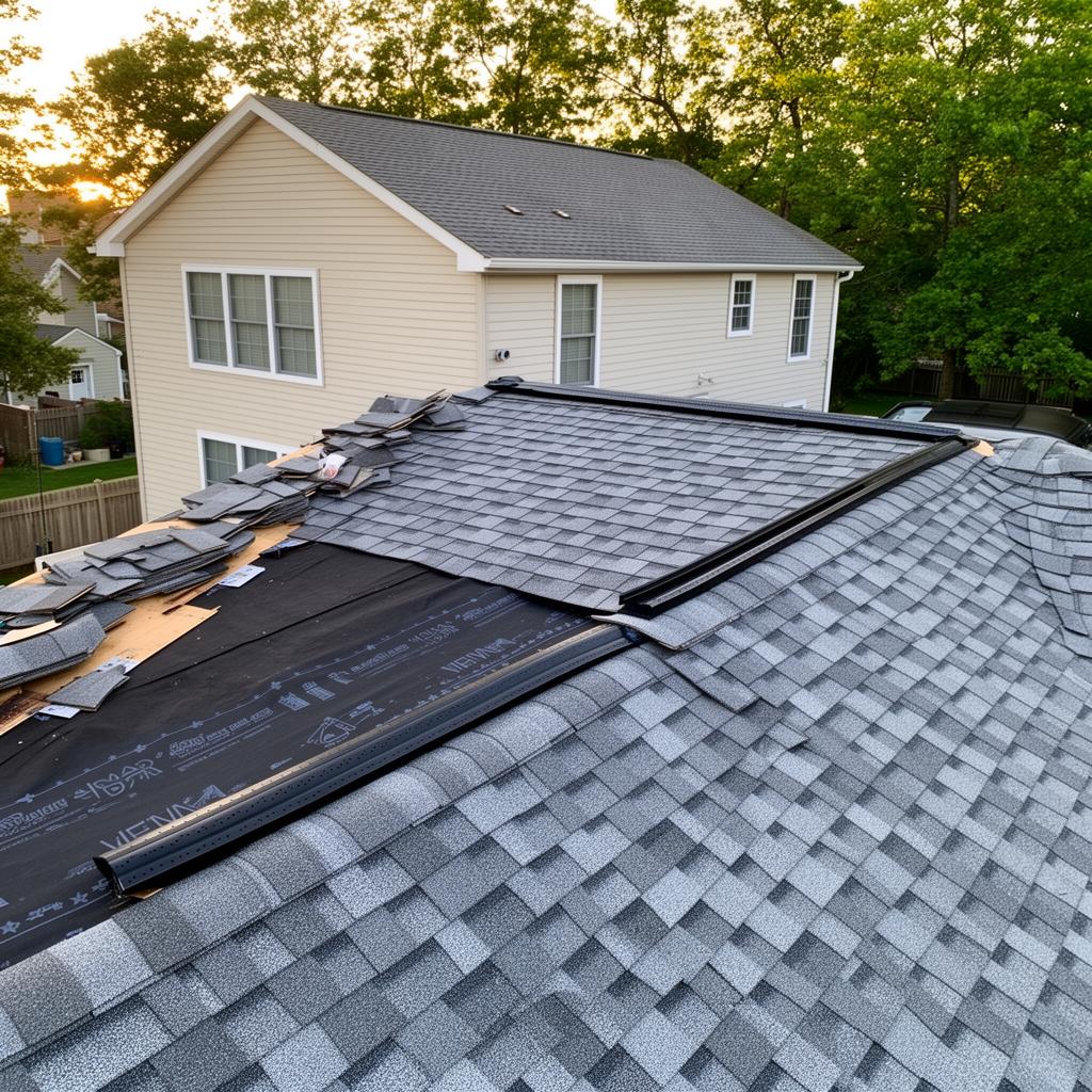 Crew installing new Owens Corning Duration architectural shingles over fresh underlayment on a New Jersey home